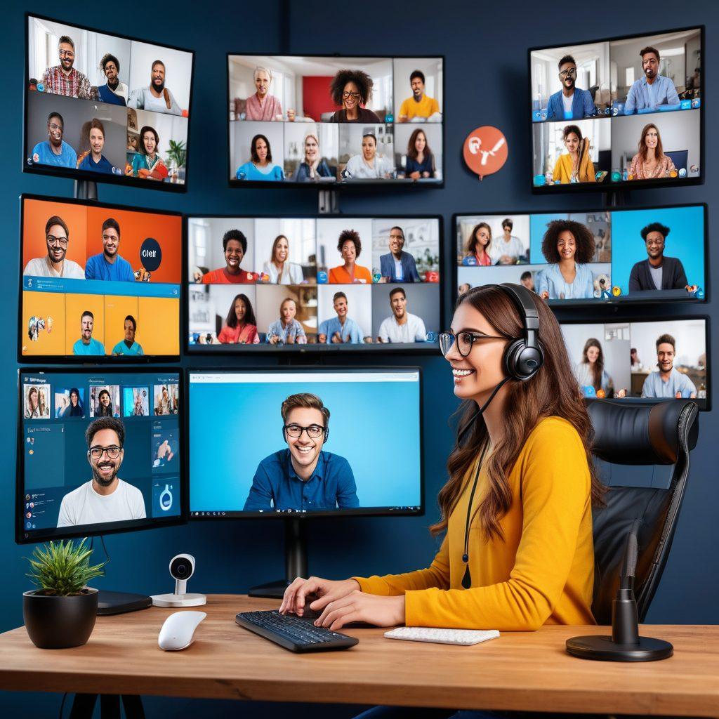 A tech-savvy person confidently using a high-quality webcam setup with multiple screens showing a live streaming interface, video chat windows, and engagement analytics. Vibrant background showcasing social media icons, chat bubbles, and a hint of a professional home studio. super-realistic. vibrant colors.