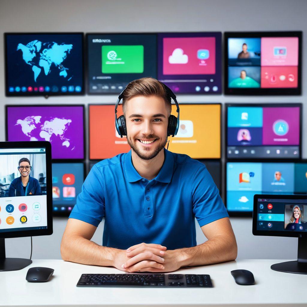 A dynamic online video call setting where a person is using high-quality webcam equipment, surrounded by soft studio lighting. Graphical overlay icons show real-time adjustments, like brightness and focus settings being enhanced. The backdrop includes a professional work environment. vector art. vibrant colors. white background.