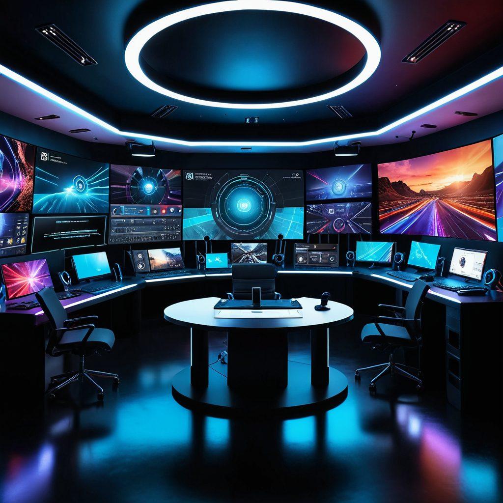 A vibrant, futuristic studio setting with a charismatic host speaking into a high-quality microphone, surrounded by various tech gadgets like a top-tier webcam, ring lights, and soundproofing panels. Multiple screens show dynamic, high-definition video streams, with a graph depicting rising viewer engagement. super-realistic. vibrant colors. cutting-edge technology. dynamic composition.